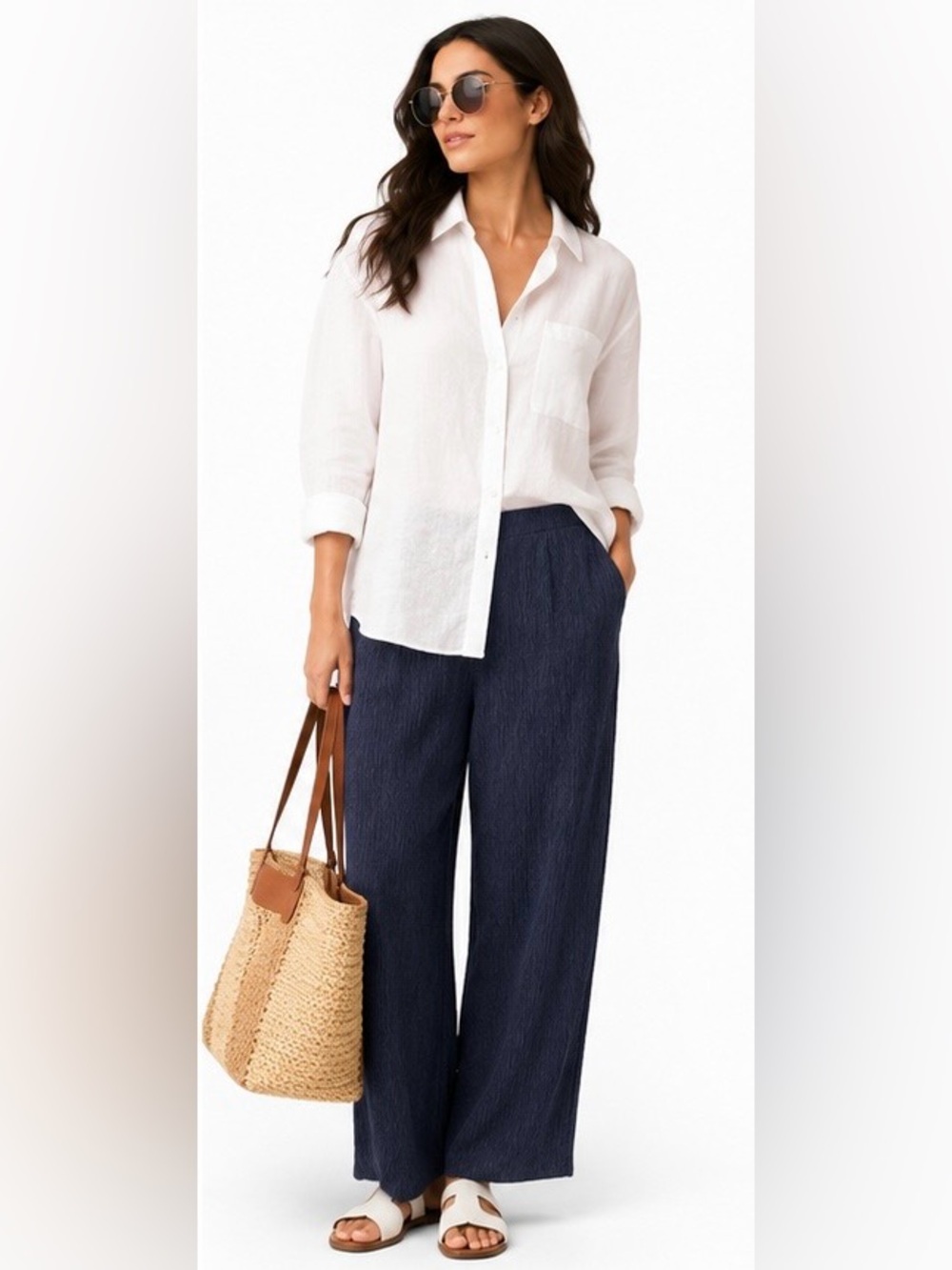 Eileen Fisher XL Woven Plissé Ankle Wide Leg Pants Navy Tencel Lyocell
